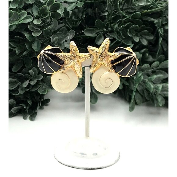Gold-Tone Starfish & Shell Clip-On Earrings With Black & Cream Enamel Accents - Picture 3 of 6